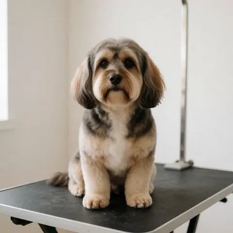 Chien au pelage soigné assis sur une table de toilettage dans un salon lumineux, idéal pour promouvoir des services professionnels d'hygiène canine.