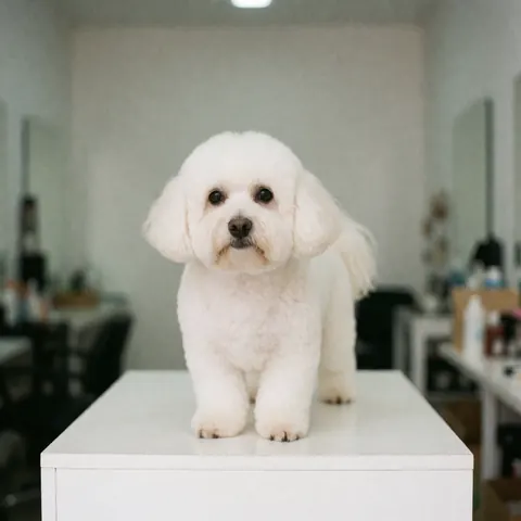 Un chien blanc au pelage court et propre est assis calmement sur un socle après une séance de toilettage professionnel en salon canin.