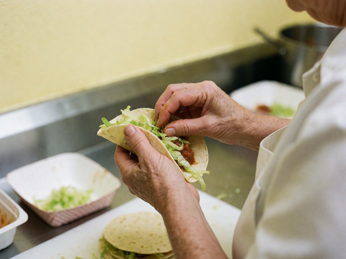 Des mains préparent des tacos en ajoutant de la laitue et de la sauce dans une cuisine aux murs jaunes, mettant en valeur les textures des ingrédients.