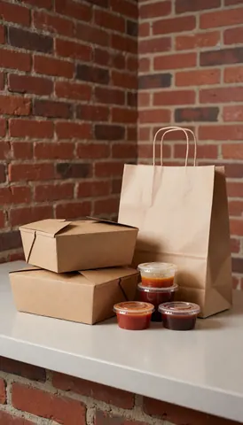 Emballage de repas rapide comprenant des boîtes en carton et un sac avec sauces, prêt à être livré, posé sur une surface en bois devant un mur de briques rouges.