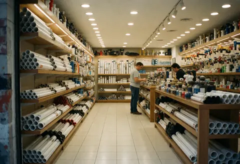 Vue intérieure d'un magasin de plomberie avec des étagères remplies de tuyaux, raccords et outils, sol propre et éclairage clair.