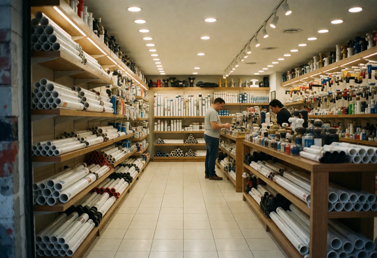 Vue intérieure d'un magasin de plomberie avec des étagères remplies de tuyaux, raccords et outils, sol propre et éclairage clair.