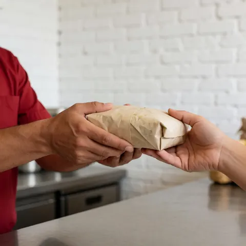 Un employé tend une sacoche de livraison à un client pour lui remettre sa commande de repas.
