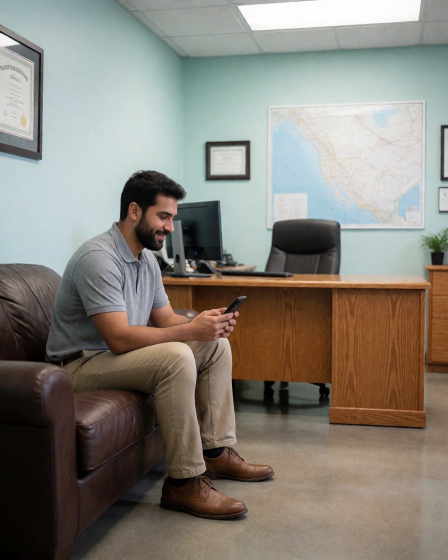 Un homme barbu portant une chemise turquoise et un pantalon sombre, assis sur une chaise de bureau devant un bureau avec ordinateur et plantes vertes.