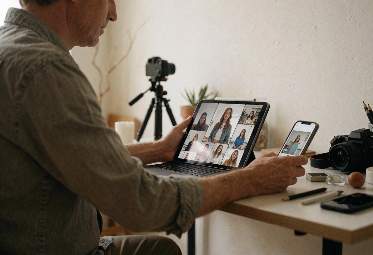 Un professionnel travaille à son bureau avec une tablette et un téléphone, entouré d'une caméra, d'un trépied et de matériel créatif dans un espace lumineux.