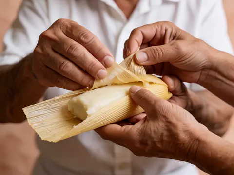 Gros plan sur des mains préparant de la pâte fraîche enveloppée dans une feuille de maïs, mettant en valeur la texture et les détails de cette préparation culinaire traditionnelle.