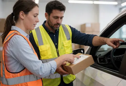 Personnel effectuant une vérification de colis dans un environnement logistique.