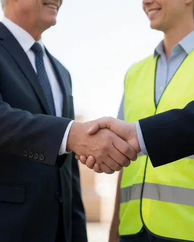 Deux hommes, l'un en costume et l'autre en gilet de sécurité, serrent la main dans un environnement industriel avec des sourires exprimant confiance et accord professionnel.
