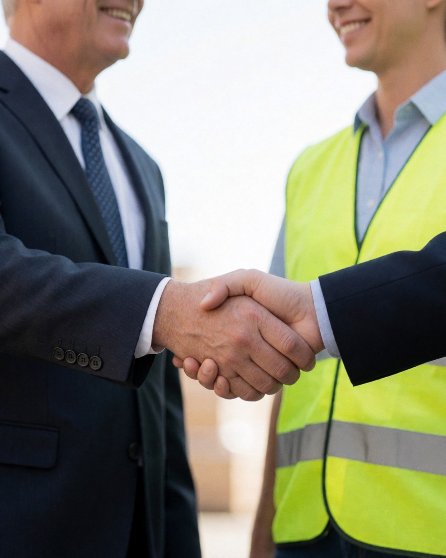 Deux hommes, l'un en costume et l'autre en gilet de sécurité, serrent la main dans un environnement industriel avec des sourires exprimant confiance et accord professionnel.