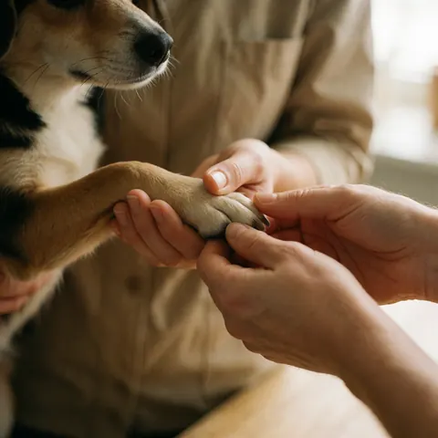 Des mains effectuant des soins sur une patte de chien, montrant le résultat d'un traitement dans un environnement professionnel et chaleureux.