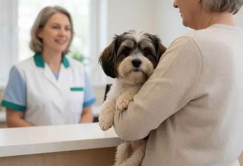 Clients arrivant à la réception d'une clinique vétérinaire avec leur animal de compagnie pour une consultation.