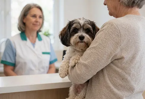 Clients arrivant à la réception d'une clinique vétérinaire avec leur animal de compagnie pour une consultation.