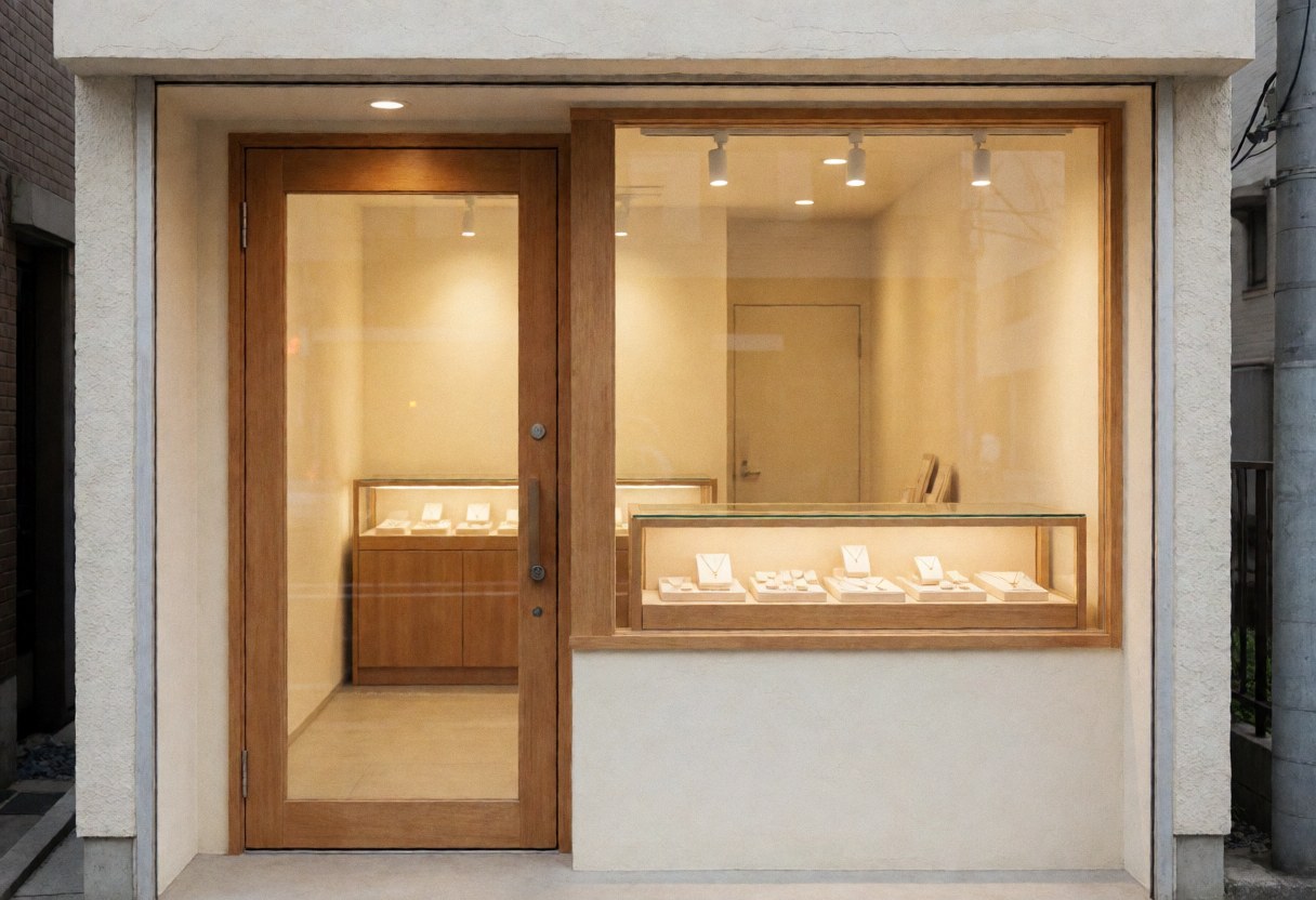 Façade d'une boutique de bijoux avec vitrine et porte en bois, murs crème, éclairage chaleureux créant une ambiance professionnelle et accueillante.