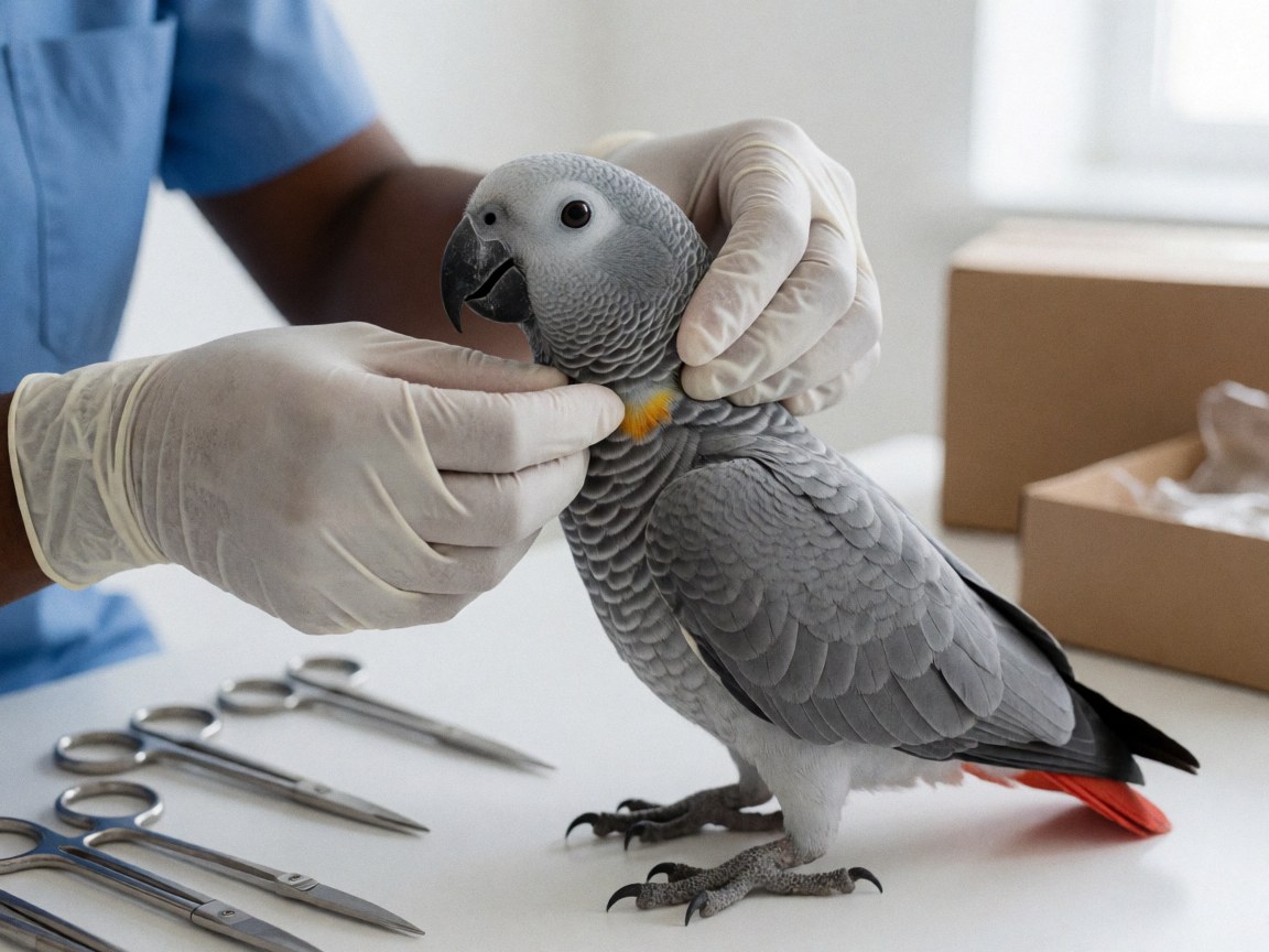 Des mains gantées ajustent un collier sur un perroquet gris dans une clinique vétérinaire, entourées d'outils médicaux dans un environnement propre et professionnel.