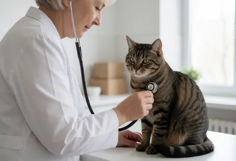 Un vétérinaire professionnel examine un chat attentif à l'aide d'un stéthoscope dans une clinique moderne.