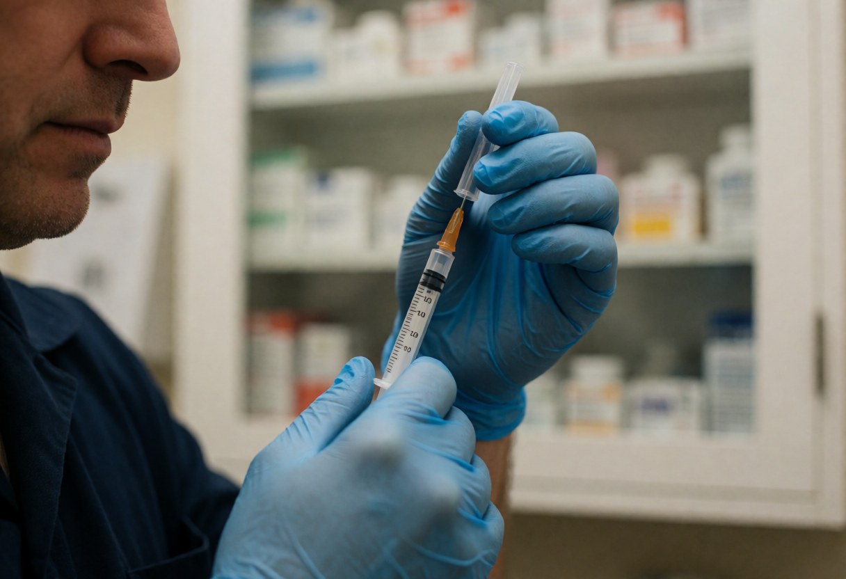 Un vétérinaire portant des gants bleus prépare une injection avec une seringue devant une étagère de médicaments.