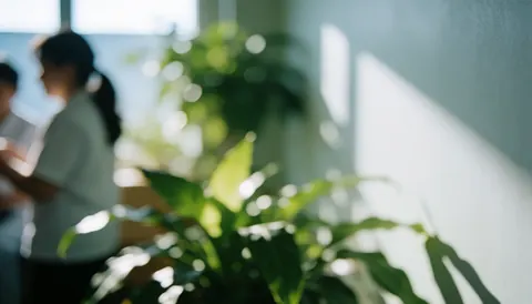 Fond d'attente vétérinaire avec plantes vertes et lumière naturelle, idéal pour textes. Mur blanc, ambiance sereine et professionnelle.