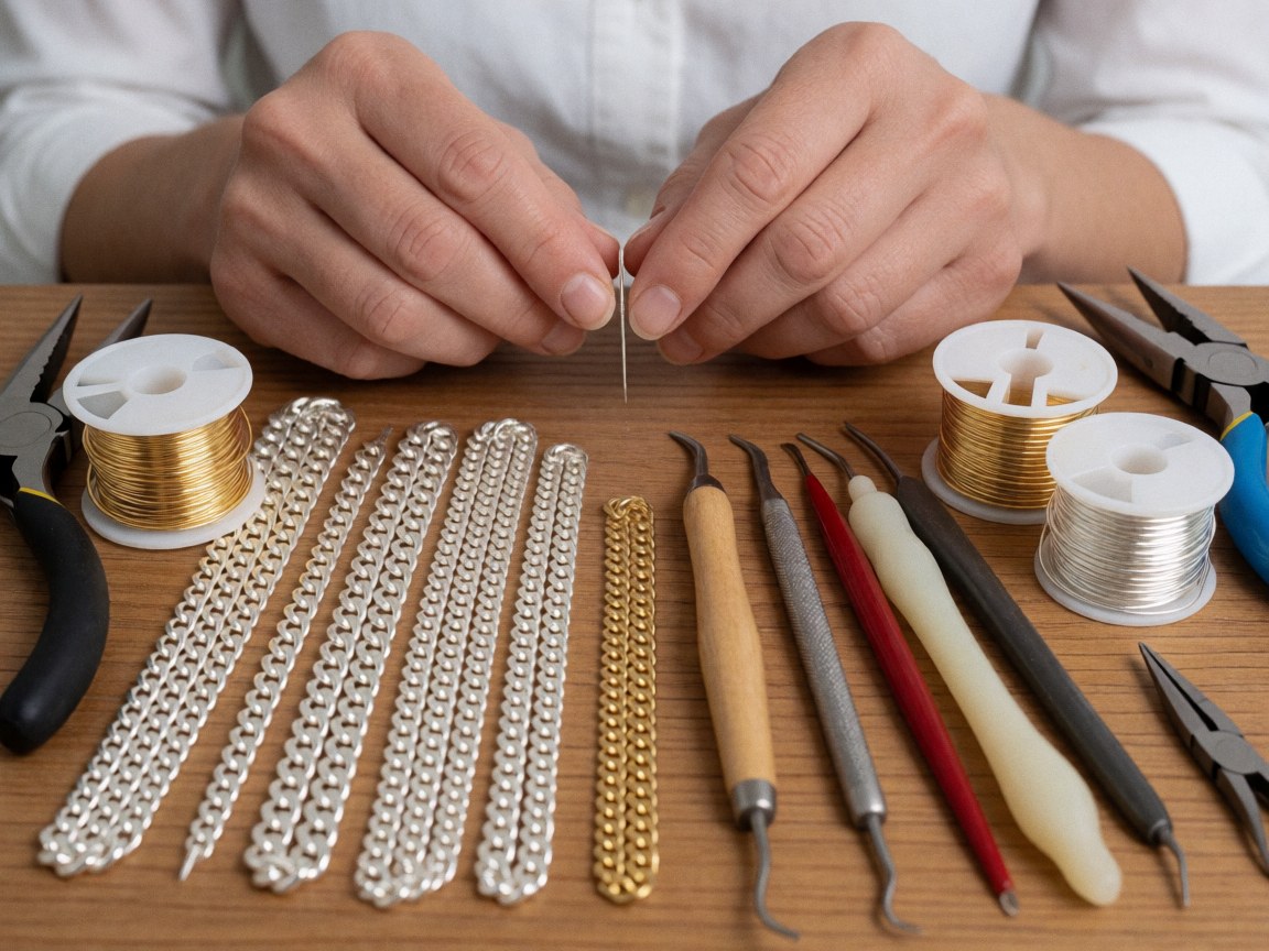 Mains travaillant avec des outils de bijouterie sur une table en bois, entourées de chaînes et de fils d'or et d'argent.
