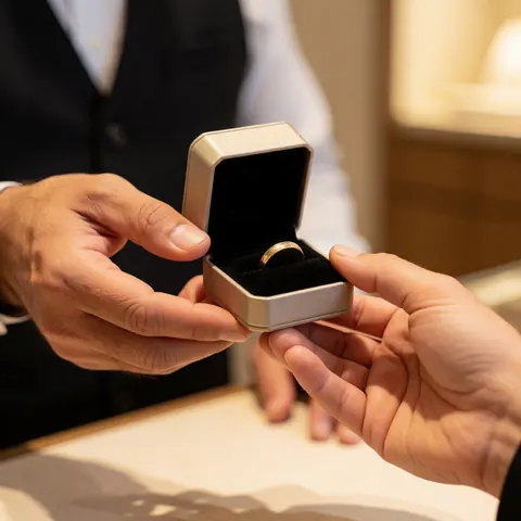 Vendeur tendant une boîte contenant une bague en or à un client dans un environnement de boutique de bijoux éclairé chaleureusement.