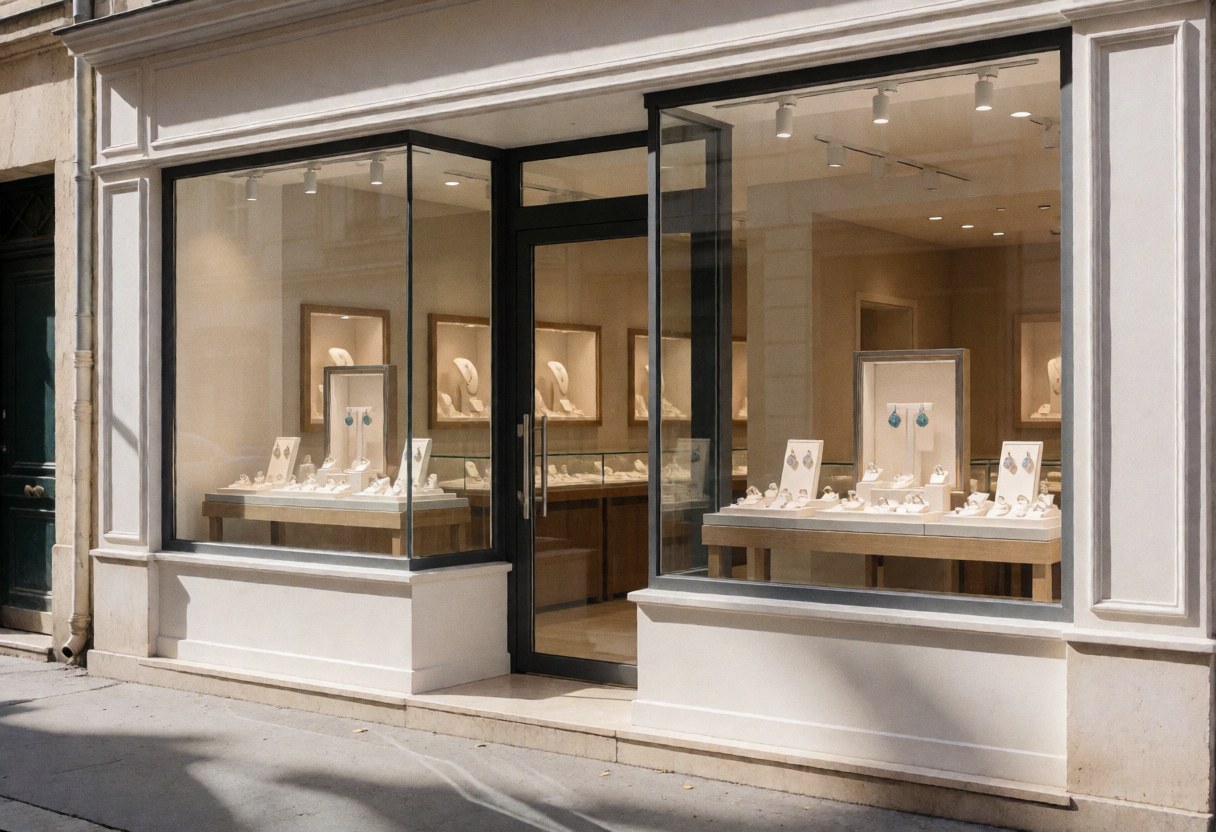 Façade d'une boutique de joaillerie avec des vitrines remplies de bagues et de boucles d'oreilles, éclairage chaleureux et rue calme le matin.