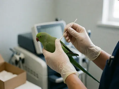 Des mains portant des gants médicaux prennent soin d'un perroquet vert dans une clinique vétérinaire, avec du matériel médical en arrière-plan.