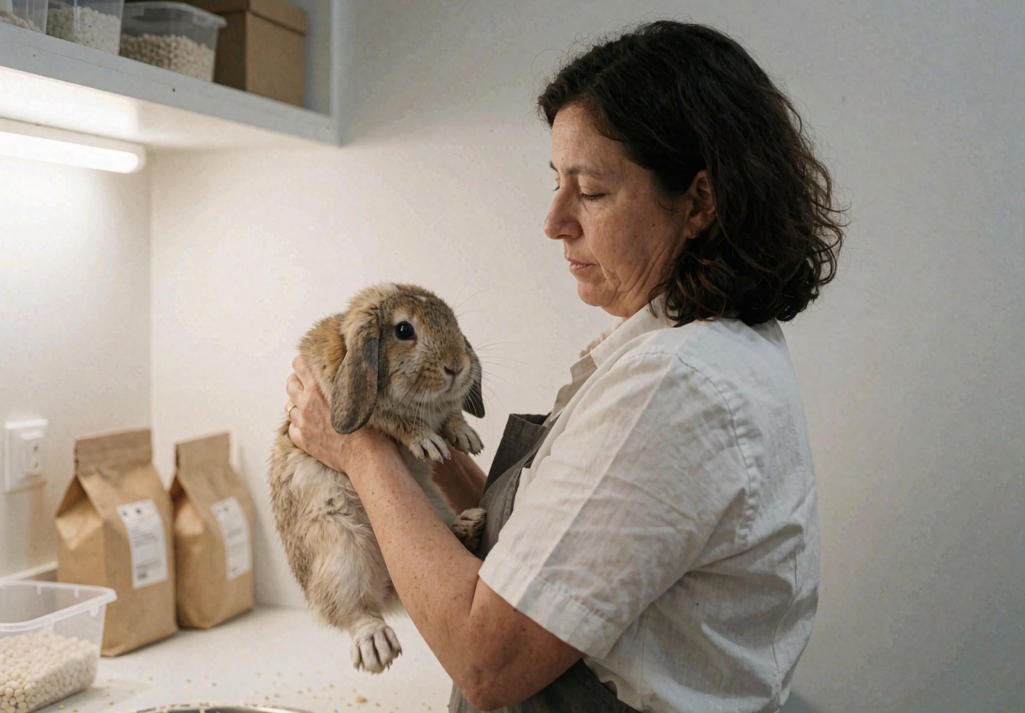 Un professionnel examine attentivement un lapin aux longues oreilles lors d'une consultation en clinique vétérinaire.