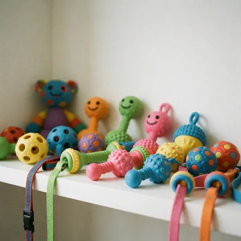 Une collection variée de jouets pour chiens et d'une laisse disposés sur une étagère, illustrant des accessoires pour animaux dans un contexte commercial.