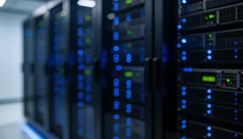 Arrière-plan sombre et flou de salle de serveurs avec lumières bleues pour support technique et infrastructure informatique.