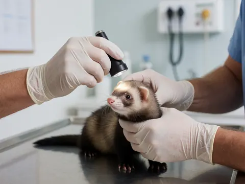 Un vétérinaire portant des gants examine un furet à l'aide d'une lampe sur une table d'examen stérile dans une clinique moderne.