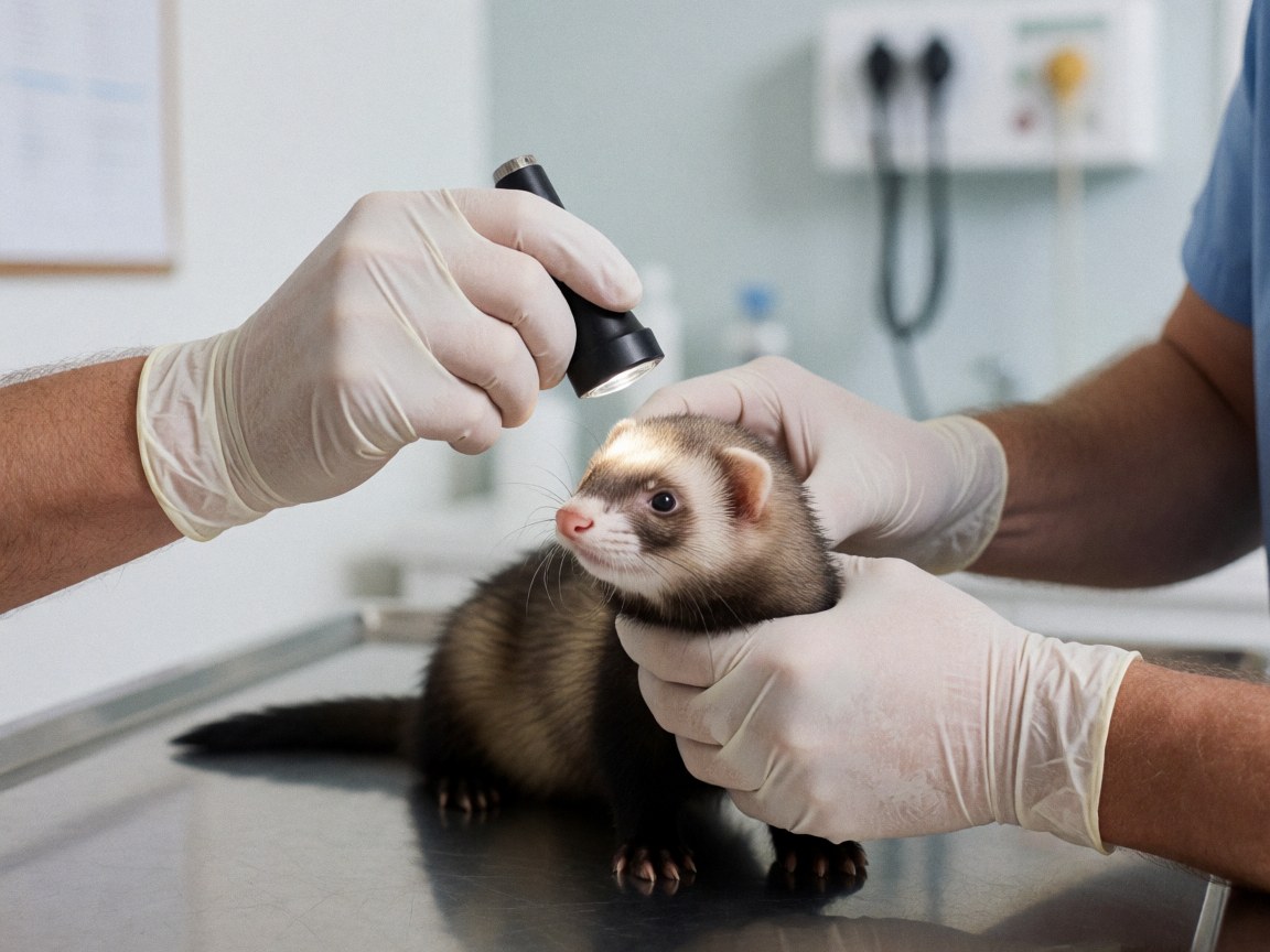 Un vétérinaire portant des gants examine un furet à l'aide d'une lampe sur une table d'examen stérile dans une clinique moderne.