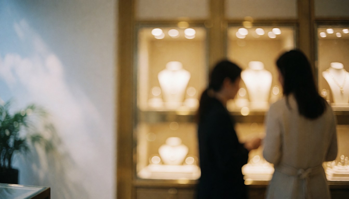 Vitrines illuminées d'une bijouterie créant une ambiance élégante et chaleureuse, idéale pour superposer des textes ou des présentations professionnelles.