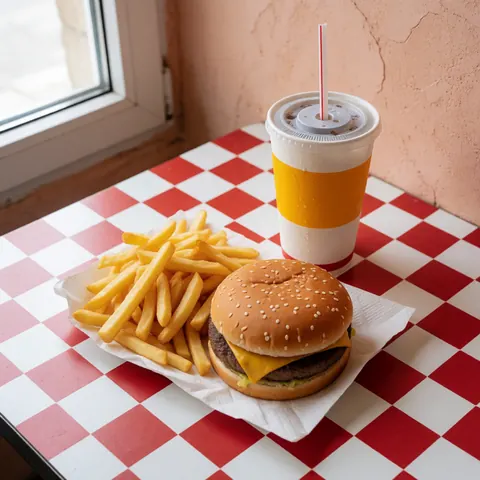 Un hamburger au fromage accompagné de frites croustillantes et d'une boisson fraîche posés sur une table à carreaux rouges et blancs éclairée par la lumière naturelle.