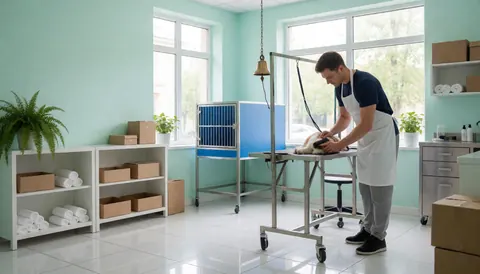 Vue intérieure d'un salon de toilettage pour chiens baigné de lumière naturelle, montrant une table de travail, des murs blancs et verts, des fenêtres, des servisses et des plantes.