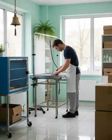 Un professionnel du toilettage canine travaille attentivement sur un chien posé sur une table dans un salon propre et lumineux.