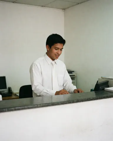 Employé de banque souriant derrière un comptoir, attentif à son travail, dans un environnement professionnel et accueillant avec des murs blancs.