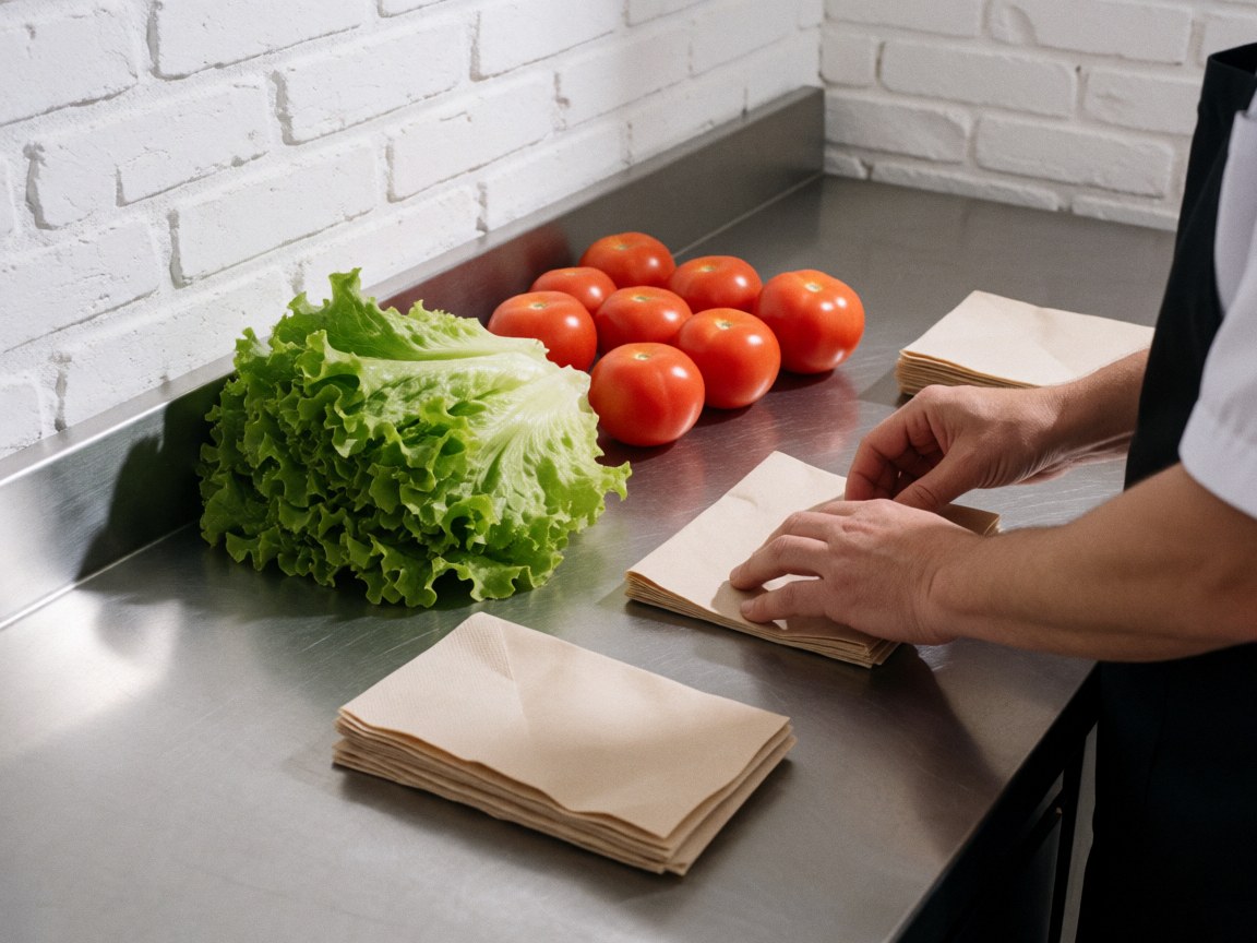 Des mains de cuisinier préparent un plat rapide avec laitue, tomates et papier sur une table en acier inoxydable dans une cuisine industrielle propre.