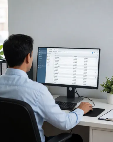 Un administrateur travaille à son bureau ordonné avec clavier, souris, plante et carnet pour gérer les commandes d'une boutique en ligne sous un éclairage professionnel clair.