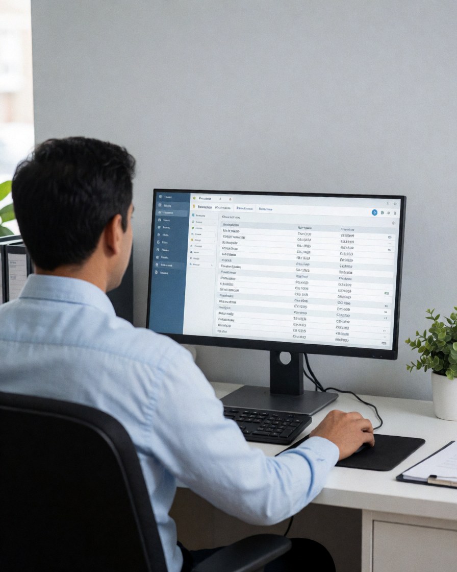 Un administrateur travaille à son bureau ordonné avec clavier, souris, plante et carnet pour gérer les commandes d'une boutique en ligne sous un éclairage professionnel clair.