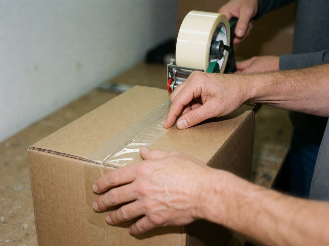 Des mains utilisent un dévidoir pour appliquer du ruban adhésif sur une boîte en carton, assurant la fermeture sécurisée d'un colis destiné à l'expédition.