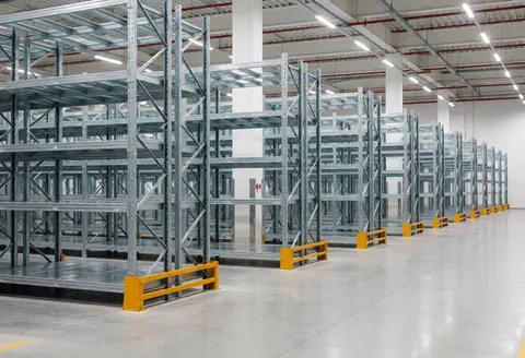Intérieur d'un entrepôt logistique moderne avec des rayonnages métalliques vides, un sol poli et un éclairage LED, prêt à recevoir l'inventaire.
