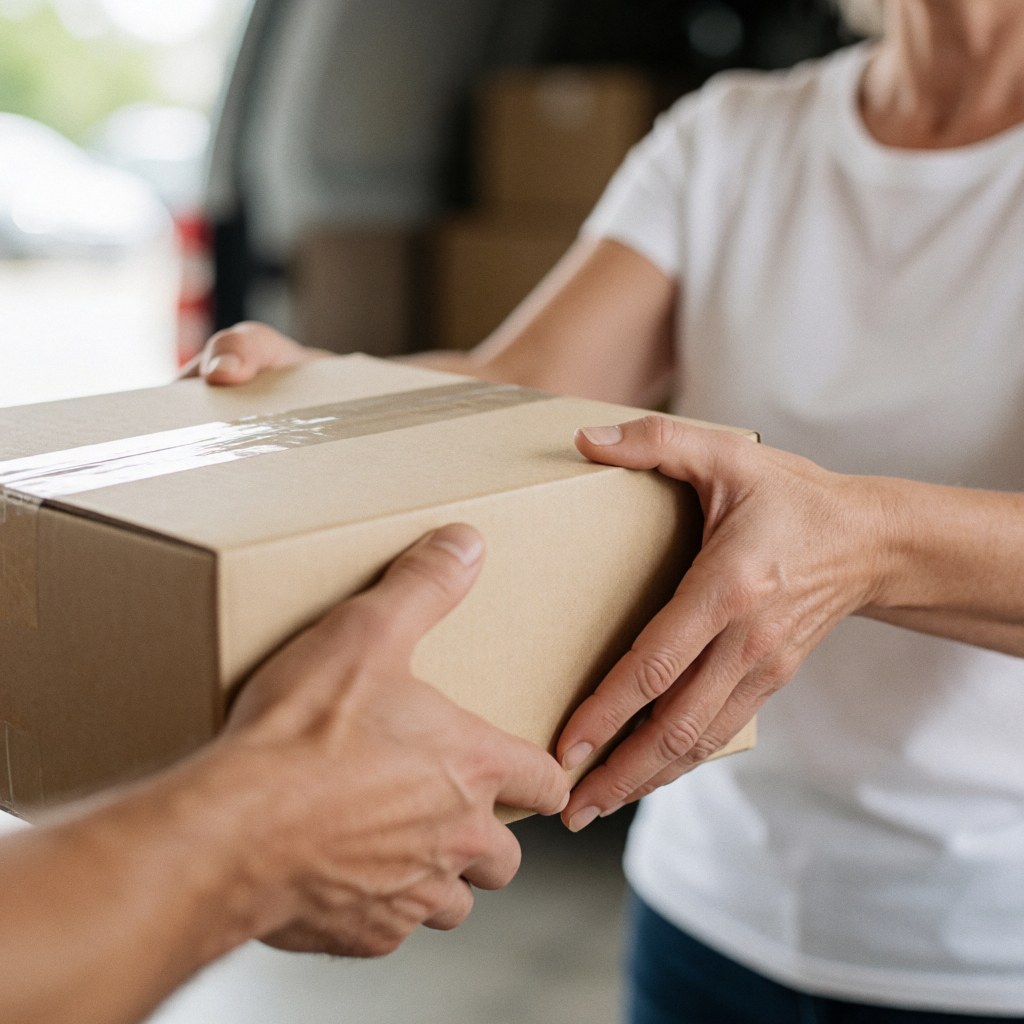 Des mains manipulant une boîte en carton fermée au sein d'un entrepôt logistique, avec un arrière-plan flou et une lumière naturelle.
