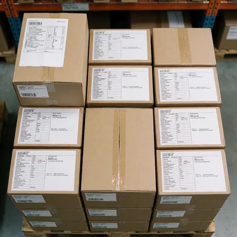 Palettes en carton empilées avec des produits prêts à être expédiés dans un entrepôt logistique.