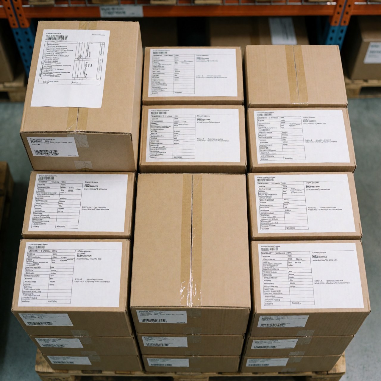 Palettes en carton empilées avec des produits prêts à être expédiés dans un entrepôt logistique.