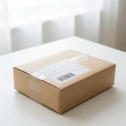 Un colis soigneusement scellé repose au centre d'une surface blanche et propre, évoquant la logistique et l'expédition de produits.