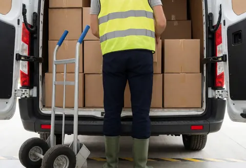 Un travailleur en gilet de sécurité et bottes charge des cartons à l'arrière d'une camionnette blanche, avec un chariot à main à côté.