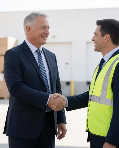Un propriétaire logistique et son chauffeur, vêtus d'un costume et d'un gilet réfléchissant, serrent la main et sourient avec confiance dans un entrepôt.