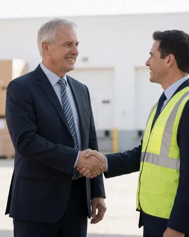 Un propriétaire logistique et son chauffeur, vêtus d'un costume et d'un gilet réfléchissant, serrent la main et sourient avec confiance dans un entrepôt.