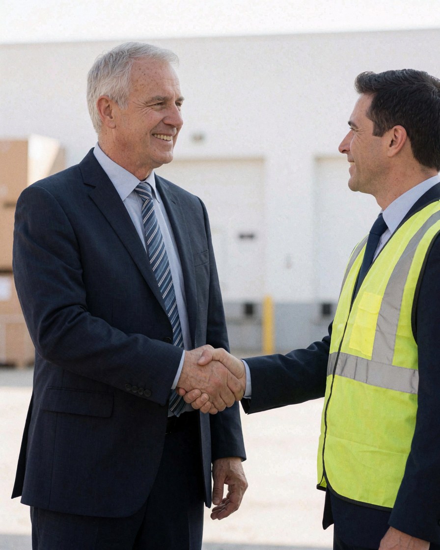 Un propriétaire logistique et son chauffeur, vêtus d'un costume et d'un gilet réfléchissant, serrent la main et sourient avec confiance dans un entrepôt.