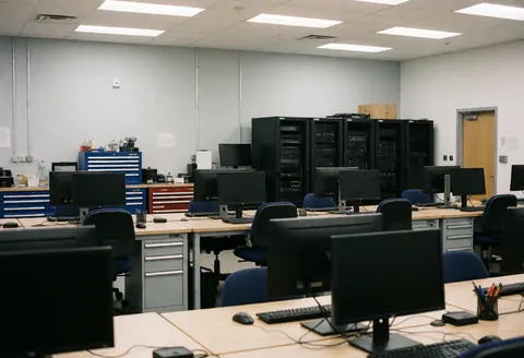 Bureau de support technique vide avec postes de travail, serveurs, chaises, outils, murs gris et lumières industrielles, ambiance professionnelle et ordonnée.