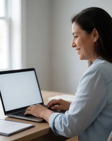 Une femme adulte sourit en travaillant sur son ordinateur portable posé sur un bureau en bois chez elle, baignée par la lumière naturelle provenant d'une fenêtre.